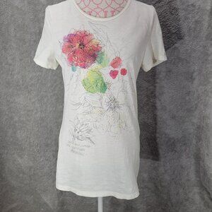 American Eagle-100% Cotton- Women's Floral Cream Color T-Shirt Size-XL